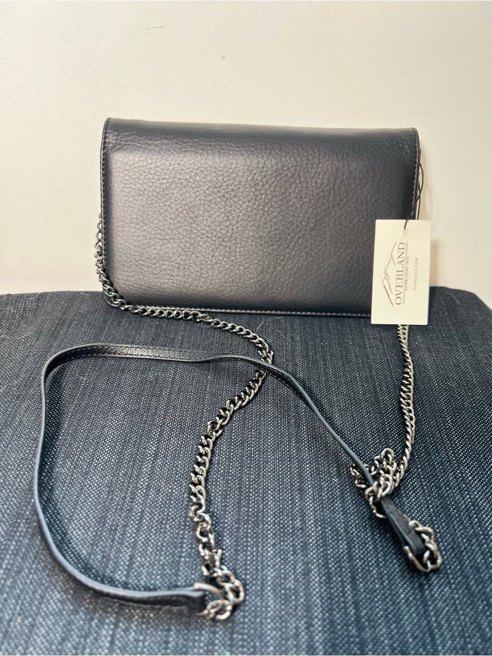 Overland Leather Black Chain-Trim Crossbody Bag